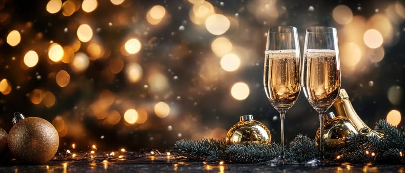 Two glasses of sparkling champagne sit on a festive table adorned with golden ornaments celebrating New Years Eve under glowing lights.