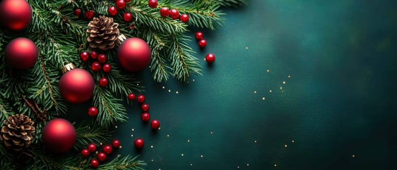 Green pine branches adorned with red ornaments and pine cones create a festive atmosphere perfect for holiday celebrations.