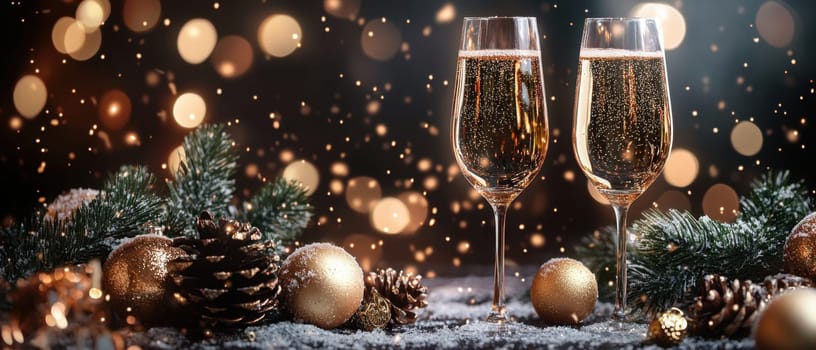 Two glasses filled with sparkling beverage stand surrounded by festive decorations during a holiday celebration with lights in the background.