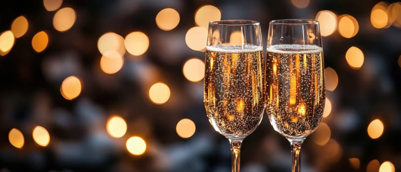 Two elegant flutes of sparkling champagne are raised in celebration with warm bokeh lights glimmering in the background.