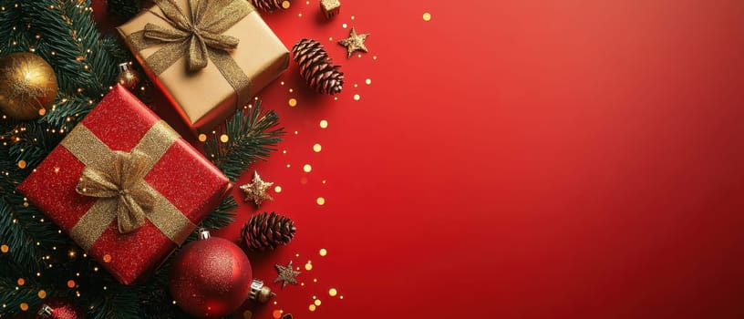 Colorful wrapped presents with ribbons are surrounded by pinecones and festive ornaments on a bright red backdrop perfect for holiday celebrations.