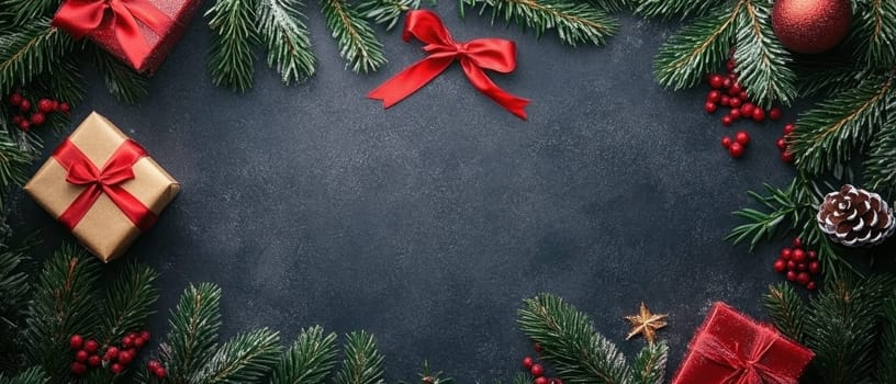 A collection of beautifully wrapped gifts surrounded by evergreen branches and seasonal ornaments creating a festive atmosphere.