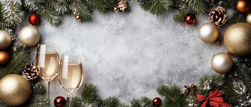 Two glasses of champagne are placed among festive decorations creating a cheerful atmosphere for New Years celebration.