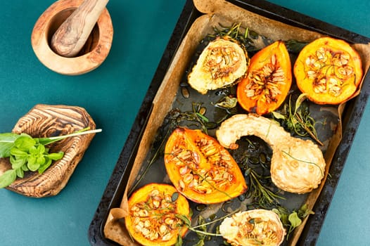 Freshly baked and juicy of pumpkin. Homemade roasted acorn squash