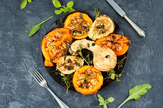 Freshly baked and juicy of pumpkin. Homemade roasted acorn squash