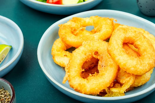 Serving of calamari, deep-fried squid rings, garnished with vegetable salad. Close up.