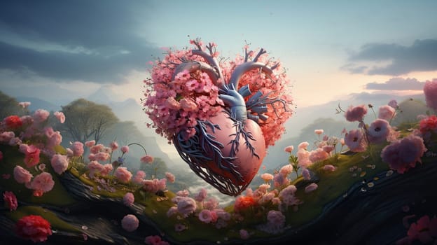 Valentines day whimsical surreal heart in full pink bloom spring landscape. AI Generated content