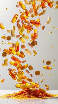 Ginger roots and various colorful pills on white background, concept of health and alternative medicine, AI Generated