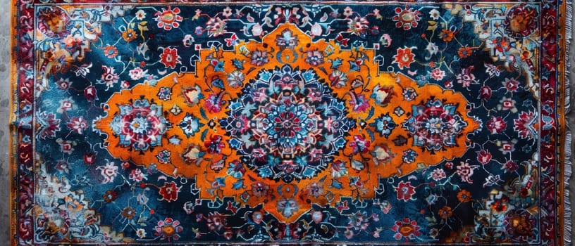 The ornate design of a Persian rug displayed in full, highlighting its symmetrical patterns and rich color palette