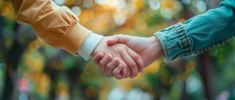 Two children engaging in a friendly handshake against a vibrant natural backdrop, highlighting a moment of youthful agreement