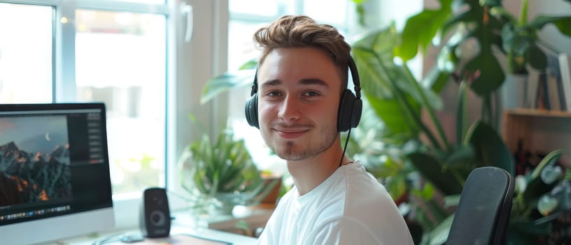 Relaxed and friendly professional wearing a headset at a bright workstation