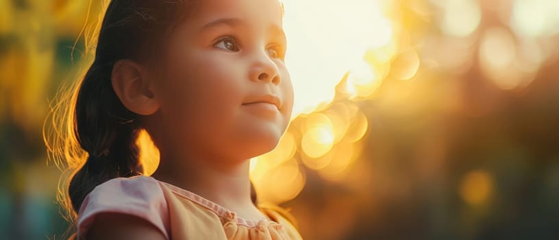 Portrait of a young girl gazing upward with a thoughtful expression, bathed in the warm, golden light of sunset
