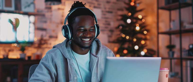 Smiling man enjoys his laptop in a festive home setting, with a Christmas tree in the background, epitomizing holiday leisure time