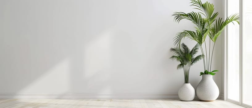 A pair of healthy potted plants are showcased against a white wall, emanating a peaceful and clean atmosphere
