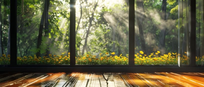 Sunlight triumphs over a gentle rain, illuminating a vibrant bed of flowers seen through a rain-spattered window