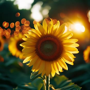 Sunflowers in a field of agriculture at sunset. Sunflower landscape flower concept. Field of sunflowers and flowers. Agriculture lifestyle at sunset. AI.