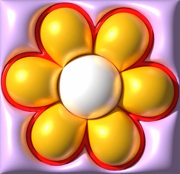 Decorative element in the form of a flower with yellow petals and a white center on a purple background. The flower has a three-dimensional appearance, 3D rendering illustration