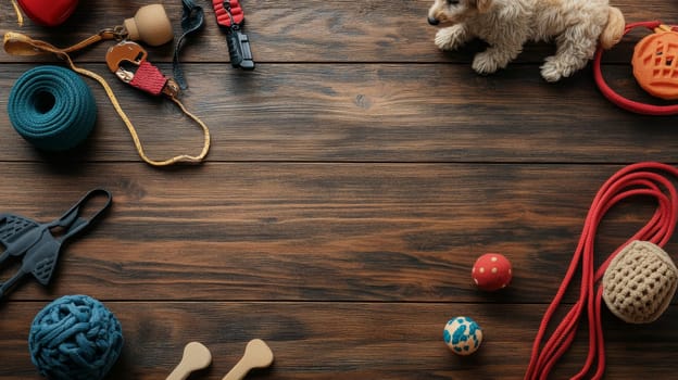 Various colorful dog toys and accessories arranged on rustic wooden background. Pet care and playtime concept with copy space for text.