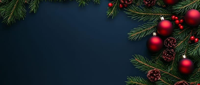 Christmas ornaments and pine branches on a dark background, offering elegant copy space.