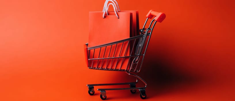 Red shopping bags placed in a miniature shopping cart against a vivid red backdrop, symbolizing holiday shopping. Black Friday sale concept with empty place for text.