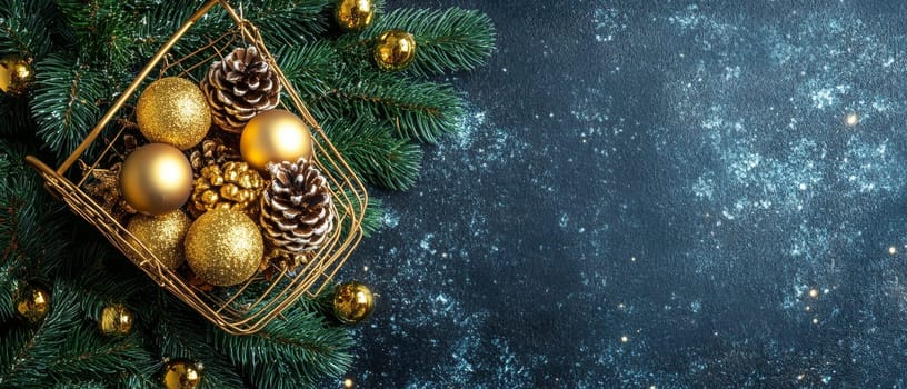 Basket filled with golden Christmas ornaments and pine cones, set against a starry background with copy space.