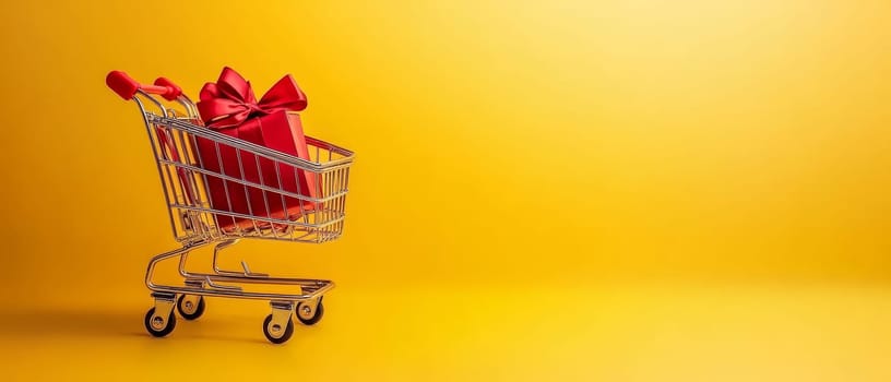 A vibrant red gift box with a bow sits in a shopping cart against a yellow background, showcasing copy space. Black Friday sale concept with empty place for text.