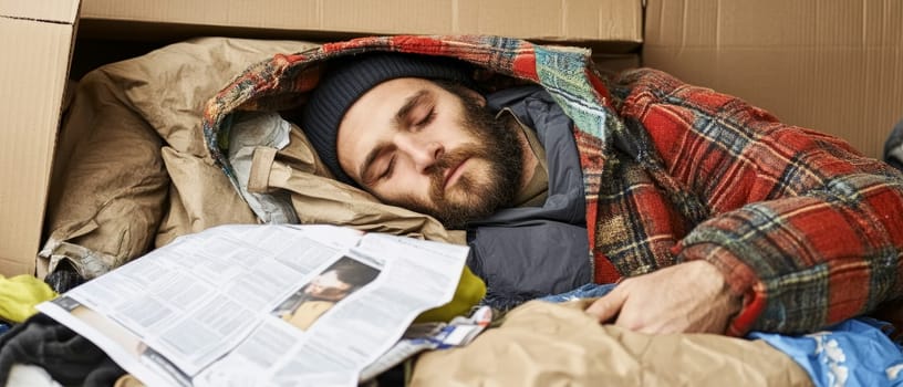 A man sleeps in a makeshift shelter of cardboard and blankets, symbolizing the challenges of homelessness and survival.