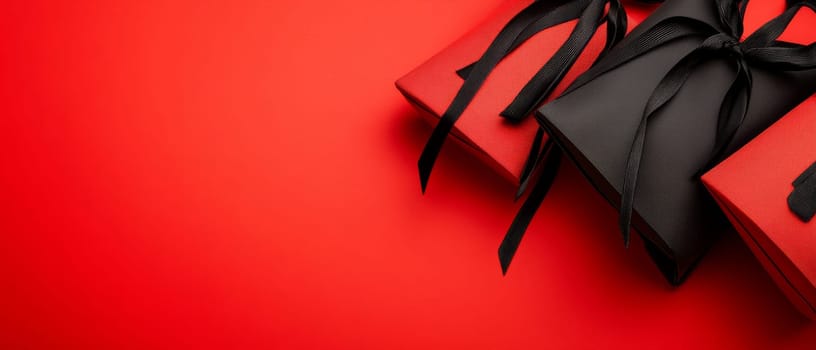 Black and red gift boxes with black ribbons on a vibrant red background, ideal for festive celebrations and copy space.