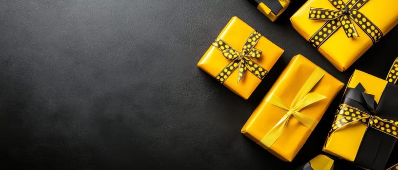 Yellow gift boxes with black ribbons elegantly arranged on a black surface, providing ample copy space.