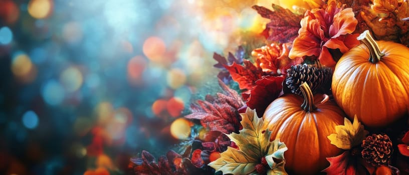 Pumpkins and fall leaves with a blue bokeh background, creating a magical autumn scene with empty place for text.