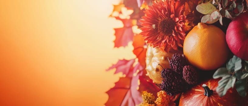 Bright autumn display with pumpkins and flowers against an orange backdrop. Ideal for seasonal designs with free space.