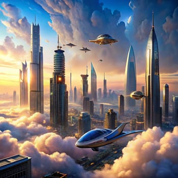 A futuristic city skyline with tall buildings and flying vehicles. The city is bathed in a warm, golden light, showcasing a vision of a technologically advanced future. High quality photo