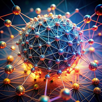 A close-up of a network of metallic spheres interconnected by wires, representing the complexity and interconnectedness of a network. High quality photo
