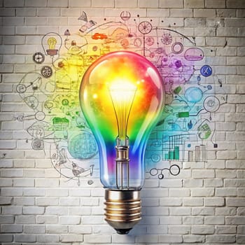 A light bulb with a rainbow-colored exterior is illuminated, symbolizing creativity, innovation, and new ideas. It is set against a white brick wall with various hand-drawn sketches of ideas and concepts around it. High quality photo