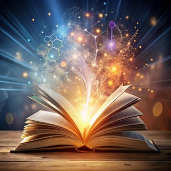A magical image of an open book with glowing light emanating from its pages. The light takes the form of various symbols and concepts, representing the power of knowledge and imagination. High quality photo