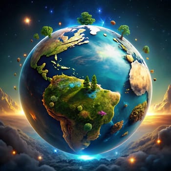 A stylized image of the Earth with lush green landscapes and trees. The planet is surrounded by clouds and a star-filled sky, highlighting the beauty and fragility of our home. High quality photo