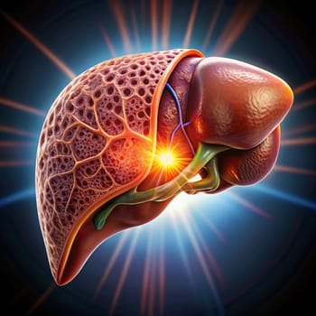 A detailed illustration of a human liver with a glowing point, representing a medical condition or a symbolic representation of health. High quality photo
