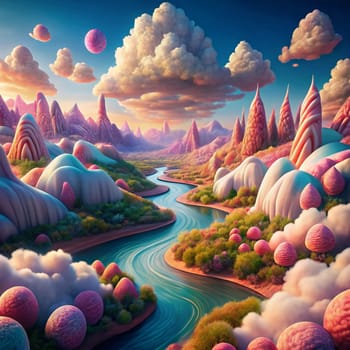A whimsical landscape with rolling hills, a winding river, and pastel-colored mountains. The scene is set against a dreamy, cloudy sky with a large, pink moon. High quality photo