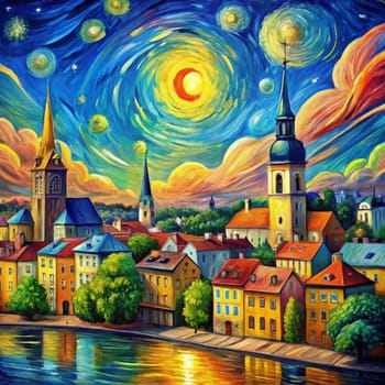 A painting of a cityscape with a starry night sky. The buildings have tall towers and are painted in a vibrant, colorful style, reminiscent of Van Gogh. High quality photo