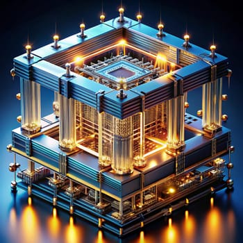3D rendering of a futuristic, intricate structure resembling a complex computer processor or a data center. It is composed of metallic elements with glowing lights and intricate details. High quality photo