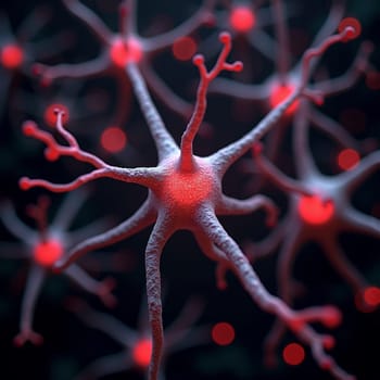 A microscopic, close-up view of a network of neurons, highlighting the intricate connections and communication pathways within the brain. High quality photo