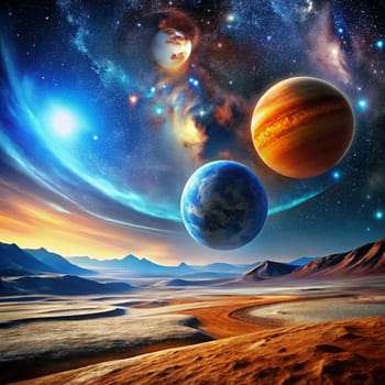 A fantastical landscape with a desert-like terrain, a mountain range in the distance, and three planets in the sky, representing an alien world or a dream-like setting. High quality photo