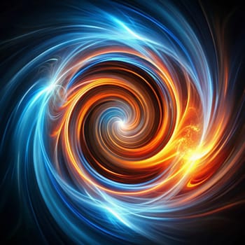 An abstract image of a swirling vortex of colors, with a central black hole surrounded by blue and orange light. It represents a celestial phenomenon, a powerful energy source, or a symbolic representation of the unknown. High quality photo