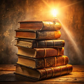 A stack of old, leather-bound books is illuminated by a single candle. The image evokes a sense of history, knowledge, and wisdom. High quality photo