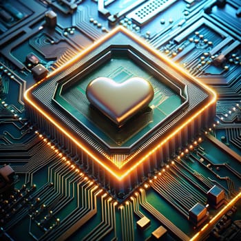 A golden heart is embedded in the center of a circuit board, symbolizing love, connection, and the power of technology. High quality photo