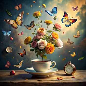 A surreal image of a bouquet of roses growing from a teacup, with butterflies fluttering around them. The scene is set against a dreamy, cloudy background with a pocket watch and other elements. High quality photo