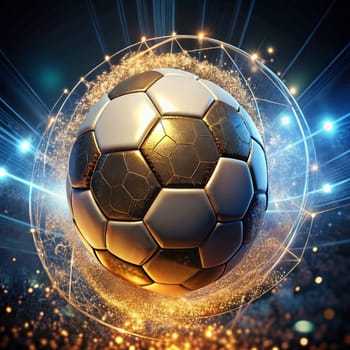 A golden soccer ball is suspended in the air, surrounded by glowing lights and a digital network. It represents the power, energy, and excitement of sports. High quality photo