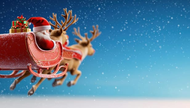 Santa Claus flying in sleigh with reindeer against snowy blue sky. Christmas Eve concept