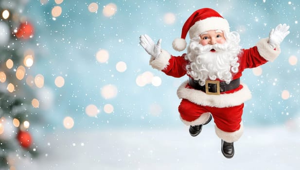 Joyful Santa Claus jumping with outstretched arms in snowy winter landscape with festive lights