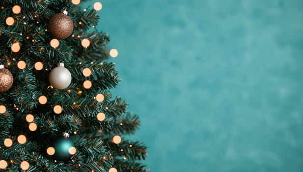 Decorated Christmas Tree on Teal Background, Festive Holiday Backdrop